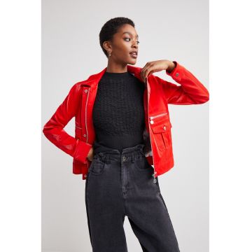 Jacheta de piele ecologica cu buzunare multiple - Rosu vermillion