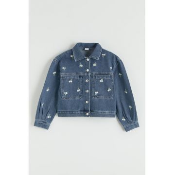 Jacheta din denim cu flori brodate - Albastru inchis melange