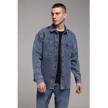 Jacheta din denim cu guler clasic si buzunare pe piept - Albastru