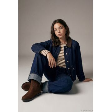 Jacheta din denim cu guler contrastant - Maro inchis/Albastru ultramarin