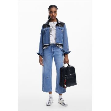 Jacheta din denim si piele ecologica - Rosu/Albastru pastel/Negru