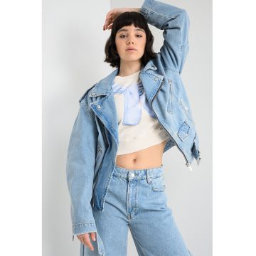 Jacheta lejera din denim cu fermoar - Albastru pastel