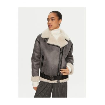 Palton dama -  blana artificiala - gri - poliester - cu fermoar - Gri