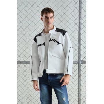 Geaca barbati -  jacheta de gabardina cu fermoar - broderie - alb - material durabil