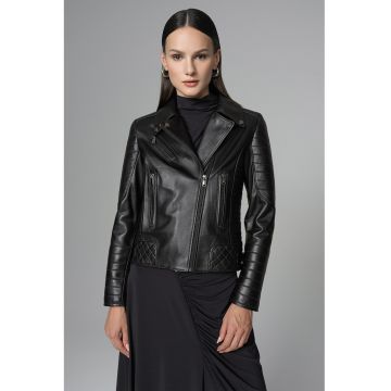 Geaca biker din piele de ovina 1044 - Negru