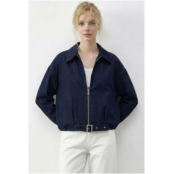 Geaca bomber din denim  supradimensionata - albastru marin - cu curea