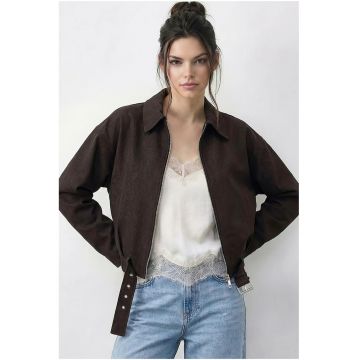 Geaca bomber din denim supradimensionata -  cu curea - maro mocha - 80% poliester - 15% bumbac - 5% lycra
