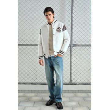 Geaca bomber -  piele ecologica - alb - barbati -