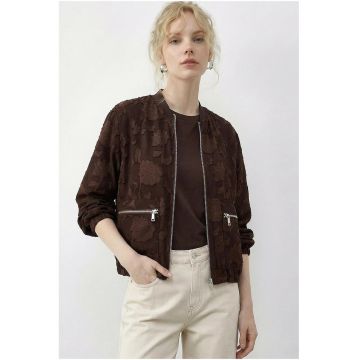 Geaca bomber supradimensionata  floral - maro moca inchis - 100% poliester