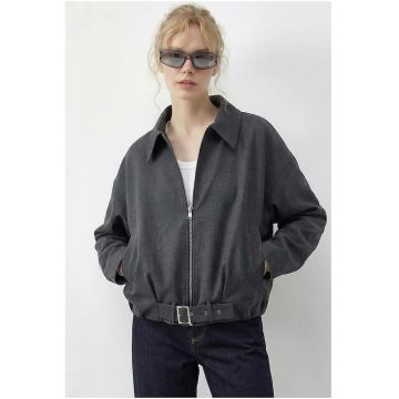 Geaca bomber supradimensionata  gri carbune - cu curea - 60% poliester - 40% bumbac