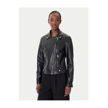 Geaca dama -  piele ecologica - neagra - cu fermoar - buzunare cu fermoar -