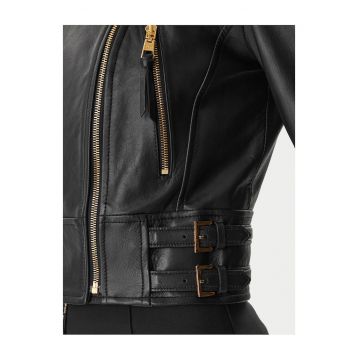 Geaca dama -  piele naturala - neagra - cu fermoar - cu buzunare cu fermoar -