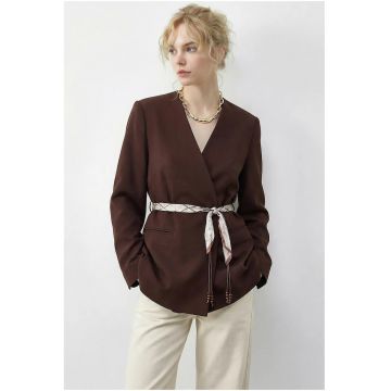 Geaca dama -  sacou tip blazer - cu decolteu in V - cu cordon - maro mocha - 100% viscoza -