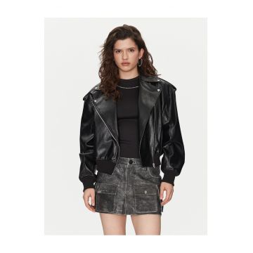Geaca de imitatie de piele -  neagra - pentru femei -