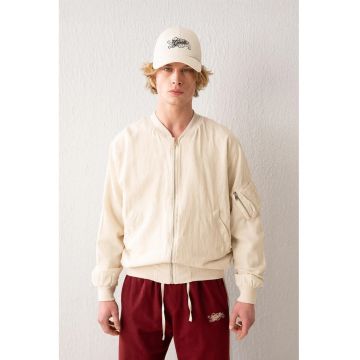 Jacheta bomber -  bumbac - bej - cu fermoar si buzunar -