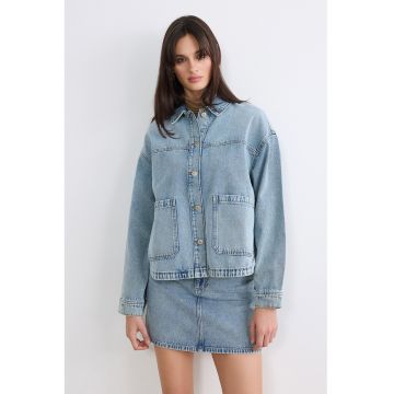 Jacheta-camasa din denim cu maneci cazute - Albastru azur