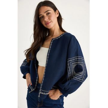 Jacheta casual  brodata - albastru marin - bumbac - guler rotund - maneci lungi