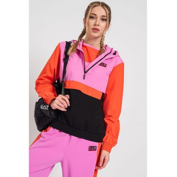 Jacheta cu gluga si model colorblock - fara inchidere - Negru/Portocaliu/Roz
