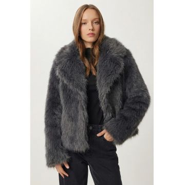 Jacheta dama - Happiness Istanbul - jacheta cu guler sal din blana artificiala - gri - poliester