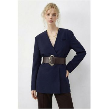 Jacheta dama -  sacou tip blazer - decolteu in V - albastru marin - cu cordon - poliester-elastan
