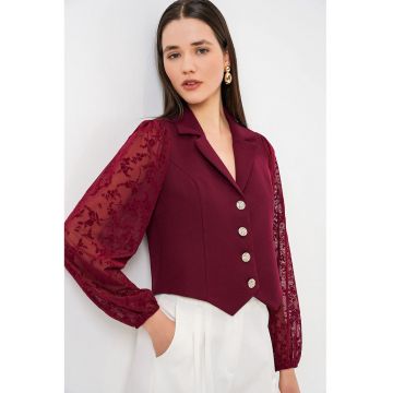 Jacheta scurta  florala cu inchidere cu nasturi - rosu bordo - poliester si elastan