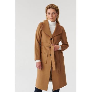 Palton din amestec de lana cu model uni - Maro