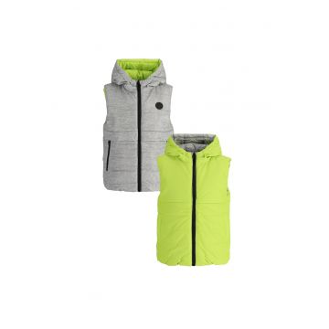 Vesta matlasata reversibila baieti -  poliester - cu gluga - rezistenta la apa - gri/verde