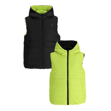 Vesta matlasata reversibila baieti -  poliester - cu gluga - rezistenta la apa - negru/verde lime