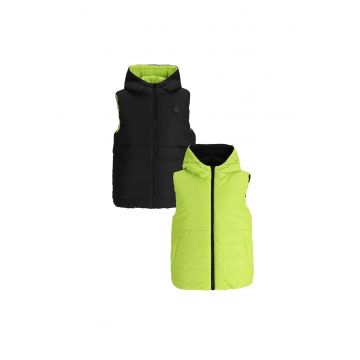 Vesta matlasata reversibila baieti -  poliester - cu gluga - rezistenta la apa - negru/verde lime
