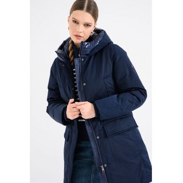 Geaca lunga cu buzunare cu clapa si gluga - Bleumarin