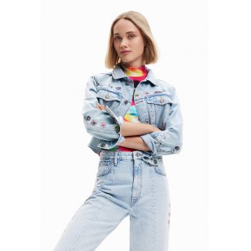 Jacheta crop de denim cu etalii florale - Albastru deschis
