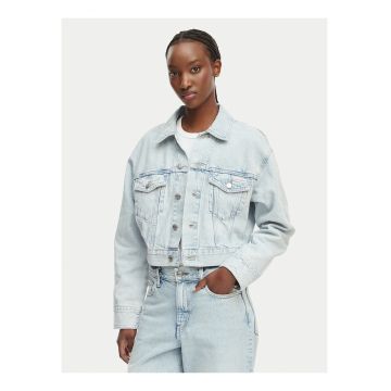 Jacheta crop din denim cu aspect decolorat