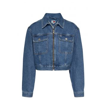 Jacheta crop din denim cu buzunare aplicate - Albastru
