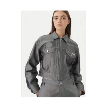 Jacheta crop din denim - cu fermoar