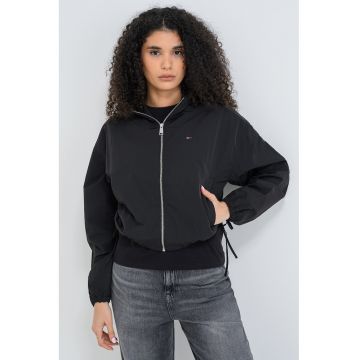 Jacheta crop din nailon cu fronseu - Negru