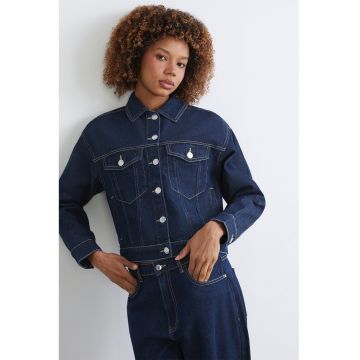 Jacheta din denim cu buzunare cu clapa - Albastru inchis