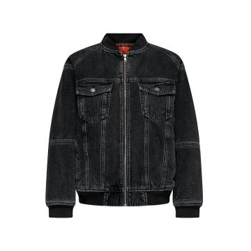 Geaca dama  bomber - neagra - bumbac - cu guler inalt si fermoar