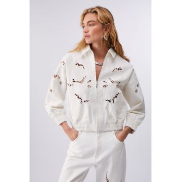Jacheta bomber cu broderie Sangallo - Alb