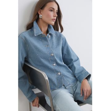Jacheta de denim cu strasuri - Albastru prafuit