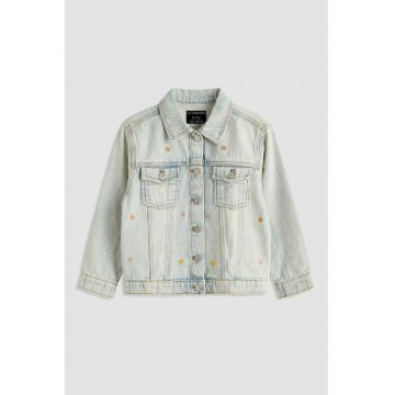 Jacheta din denim cu broderie florala - Albastru deschis melange