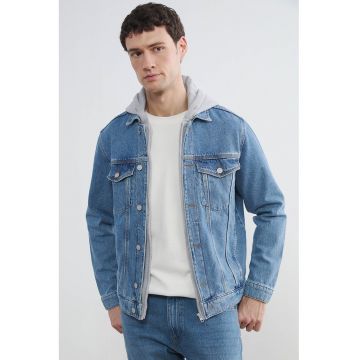 Jacheta din denim cu gluga - Gri/Albastru melange