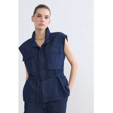 Jacheta din denim cu maneci scurte si snur de ajustare in talie - Bleumarin