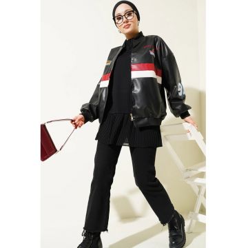Geaca bomber supradimensionata -  piele ecologica - negru