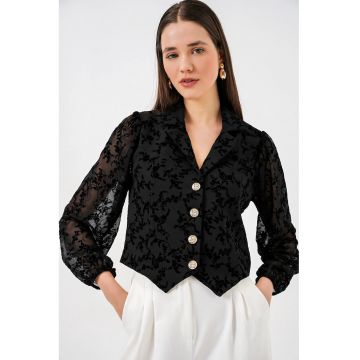 Geaca dama -  jacheta scurta - imprimeu floral - negru - poliester-elastan