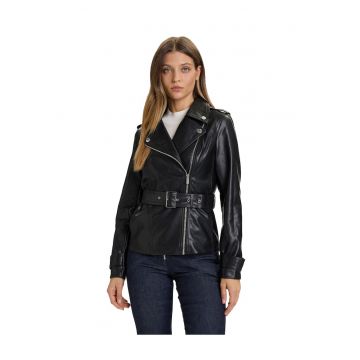 Geaca dama -  piele ecologica - neagra - cu fermoar -