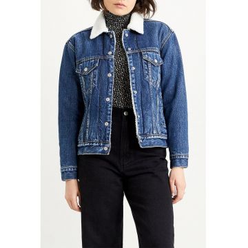 Jacheta trucker de denim cu blana sherpa si buzunare pe piept - Alb/Albastru