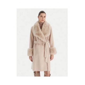 Palton dama -  bej - lana si poliamida - croiala regular fit -