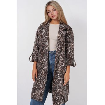 Palton dama - BigDart - trench din poliester cu model si guler sal - textil - Maro cafea -