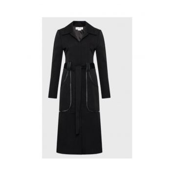 Palton dama -  negru - lana pura - curea in talie -
