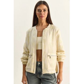 Geaca bomber -  broderie florala - crem natural - 100% poliester